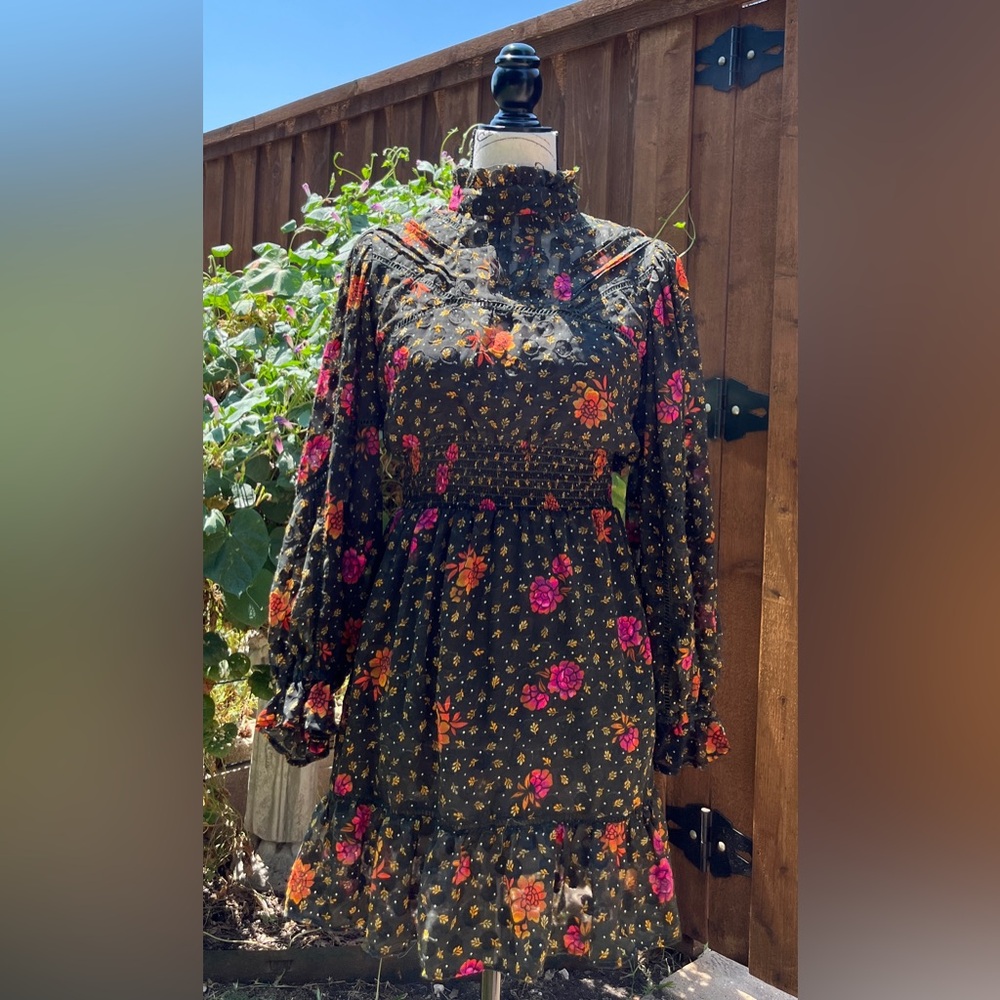 Angie Dark Hunter Green Floral Print Boho Long Sleeve Mini Dress Size XS NWT